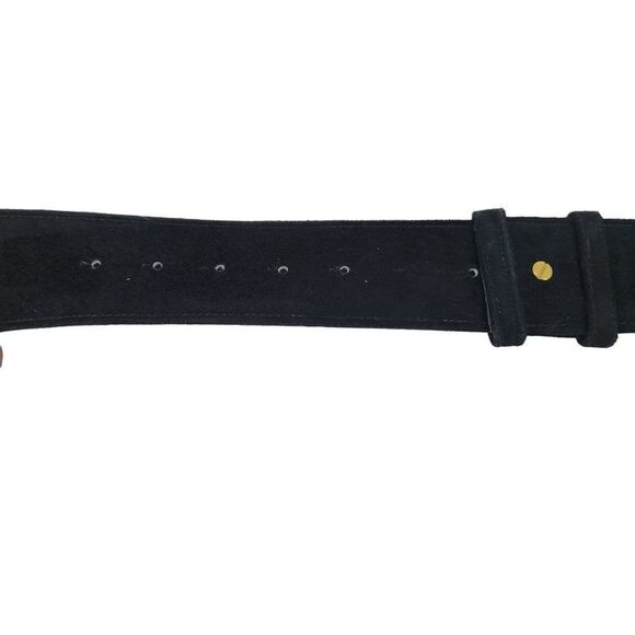 Vintage 80's Wide V Belt Black Suede Ornate Gold Etched Hook Buckle Art to Wear - Picture 4 of 8